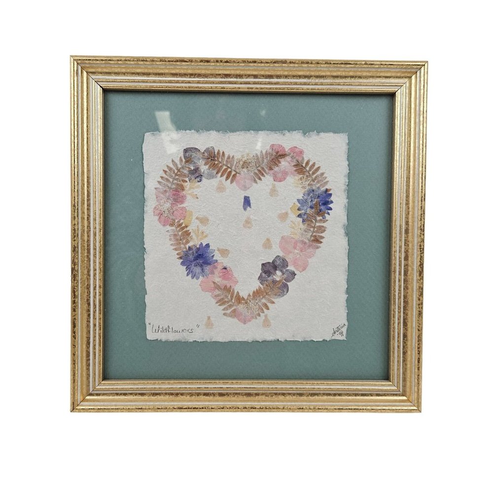 Vintage Heart Picture Shaped Pressed Wildflowers Pink Pastel Decor Framed